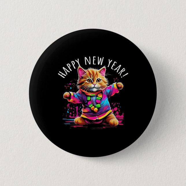 Happy New Year Party Dancing Cat Design  6 Cm Round Badge (Front)