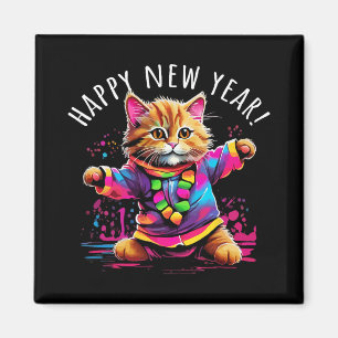 Happy New Year Party Dancing Cat Design  Magnet