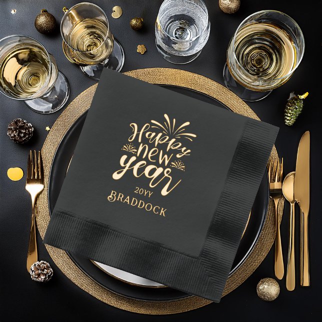 Happy New Year Party Foil Stamped Napkins ("Happy New Year" Party Name and Year Black | Gold Stamped Foil Napkins)