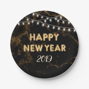 Happy New Year Party Gold Balloons Lights Black Paper Plate