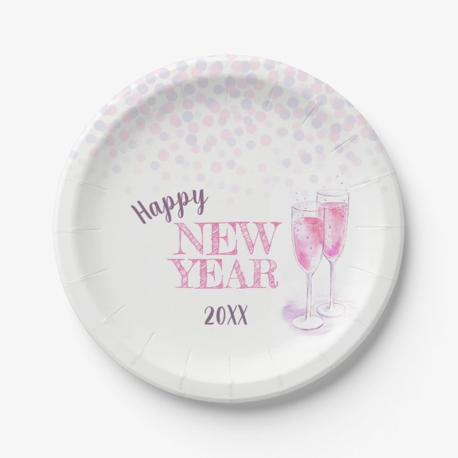 Happy New Year party pink champagne paper plate (Front)