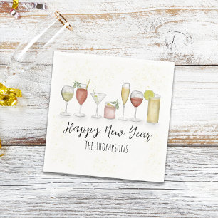 Happy New Year Party Watercolor Cocktail Drinks Napkin