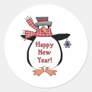 Happy New Year Penguin Classic Round Sticker