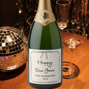 Happy New Year! Personalised Black & White Bow Sparkling Wine Label