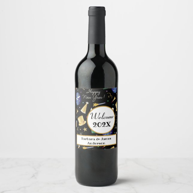 Happy  New Year Personalised Wine Label (Front)