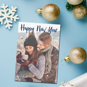 Happy New Year Photo Blue Script Overlay Modern Holiday Card
