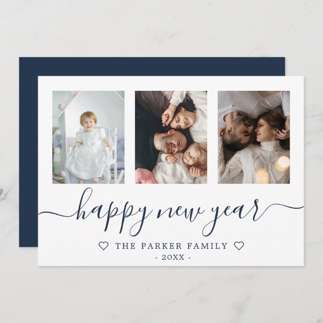 Happy New Year Photo Collage Blue Card (Front/Back)