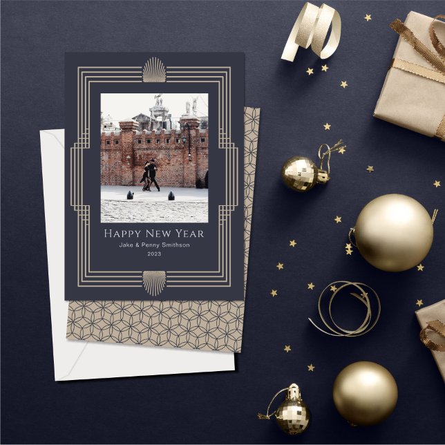 Happy New Year Photo Deco Navy Gold  Holiday Card (Creator Uploaded)