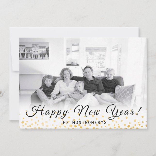 Happy New Year Photo Gold Confetti 2024 Holiday Card (Front)