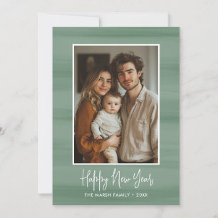 Happy New Year Photo with soft watercolor green Holiday Card