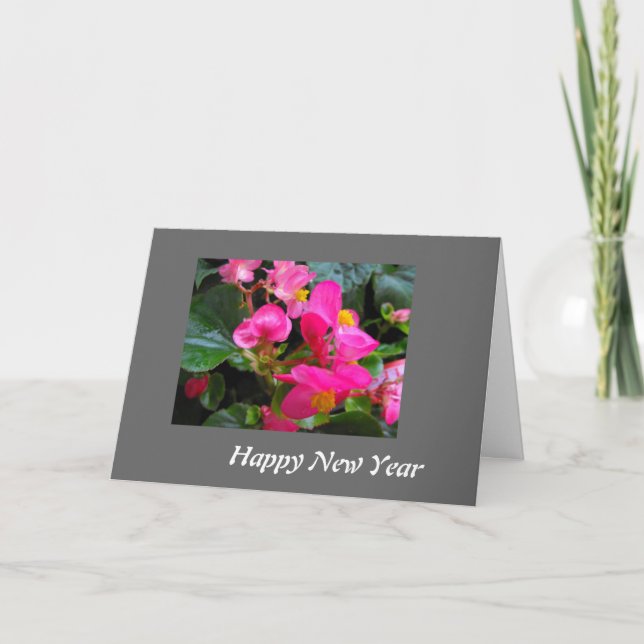 Happy New Year pink begonia flowers Holiday Card (Front)