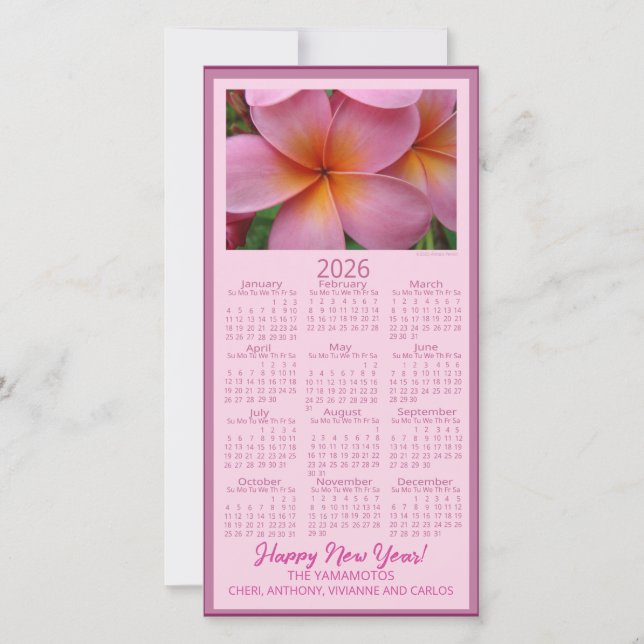 Happy New Year Pink Plumeria Flower 2026 Calendar  Holiday Card (Front)