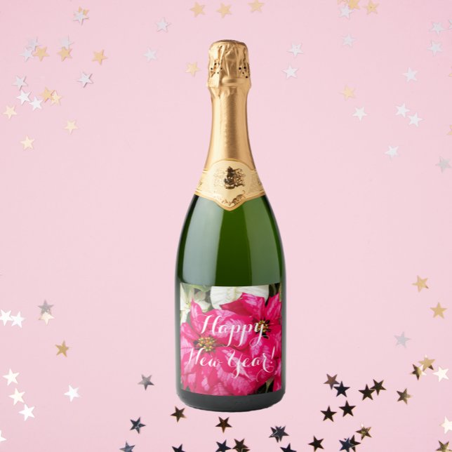 Happy New Year Pink Poinsettias Floral Sparkling Wine Label (In Situ)