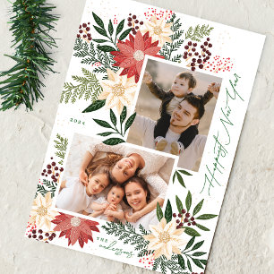 Happy New Year Poinsettia Collage Photo Holiday Card