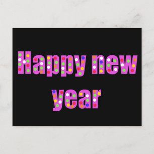 Happy New Year Postcard Black Pink Colourful Dots