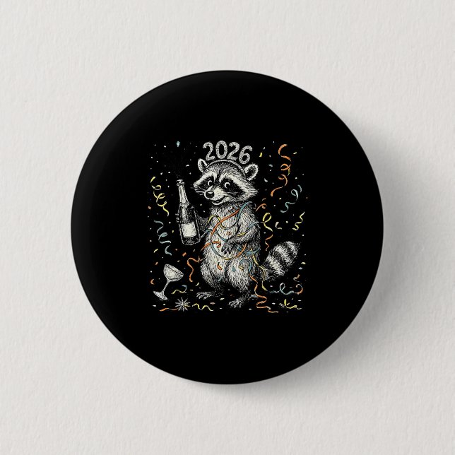 Happy New Year Raccoon With Champagne Funny New Ye 6 Cm Round Badge (Front)