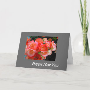 Happy New Year red begonia flowers Holiday Card