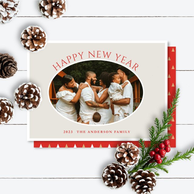 Happy New Year Red Cameo Photo Holiday Card (Creator Uploaded)