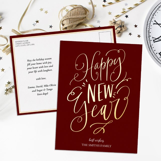 Happy New Year Red Gold Script Modern Non Photo Foil Holiday Postcard (Creator Uploaded)