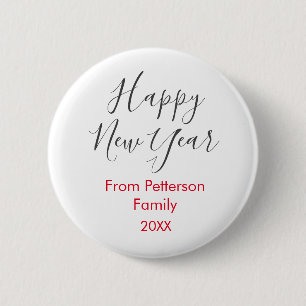 Happy new year red gra add family name year simple 6 cm round badge