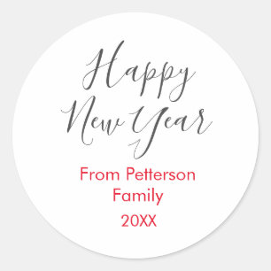 Happy new year red gra add family name year simple classic round sticker