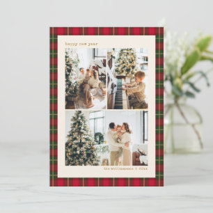 Happy New Year Red Green Plaid Multi Photo Family Holiday Card