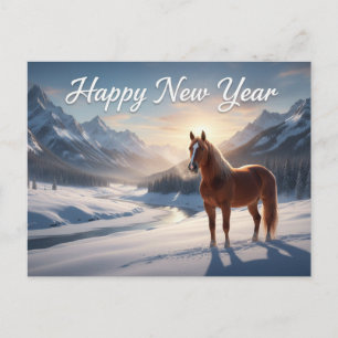 Happy New Year Red Horse in Mountain Valley Holiday Postcard