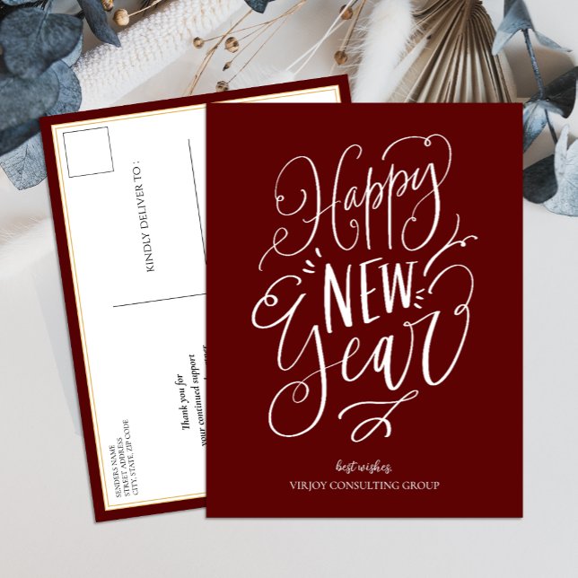 Happy New Year Red Script Modern Business Holiday Postcard (Creator Uploaded)