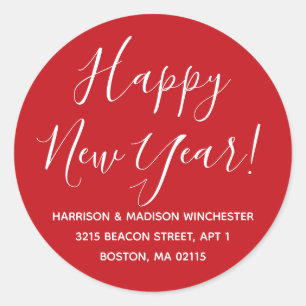 Happy New Year red white script return address Classic Round Sticker