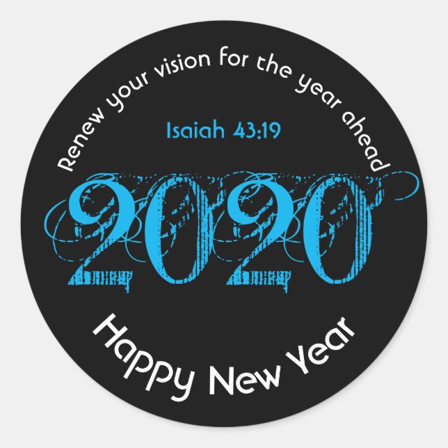 Happy New Year RENEW VISION 2020 Stylish Black Classic Round Sticker (Front)