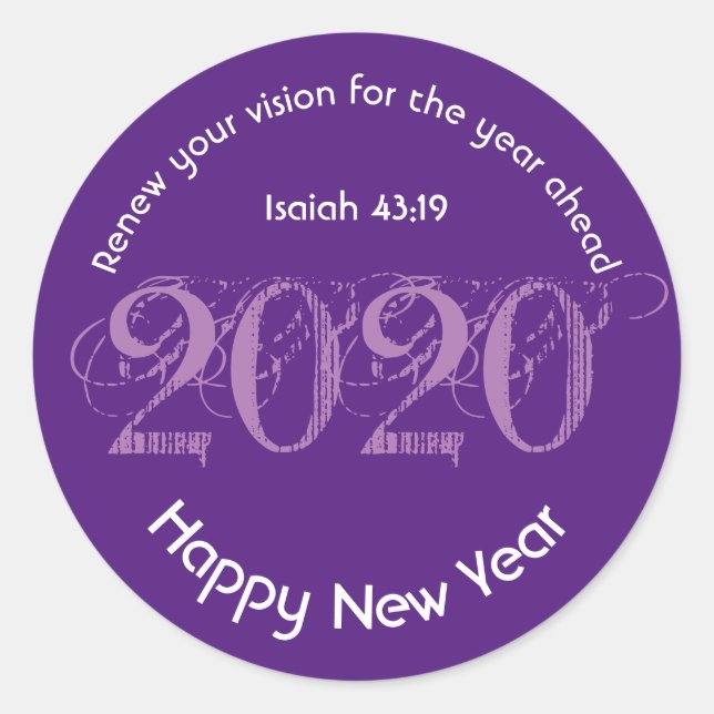 Happy New Year RENEW VISION 2020 Stylish Purple Classic Round Sticker (Front)