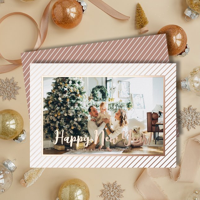  Happy New Year Rose Gold Pinstripe (Happy New Year REAL rose gold foil diagonal pinstripes holiday greeting cards)