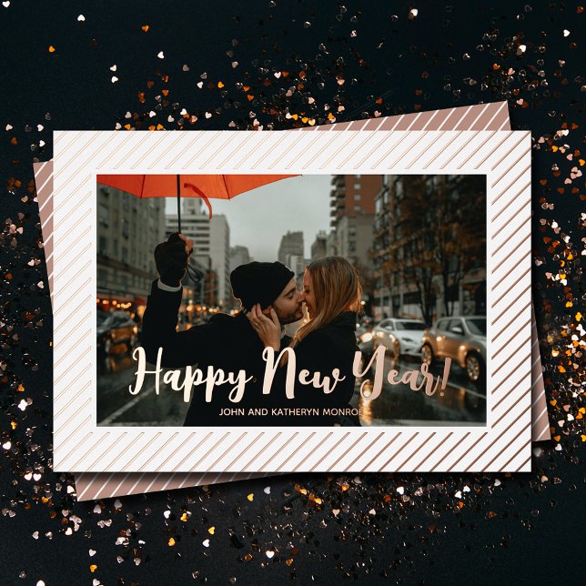 Happy New Year Rose Gold Pinstripe (REAL FOIL rose gold pinstripes happy new year holiday cards)