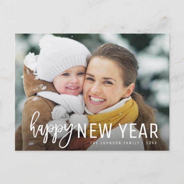 HAPPY NEW YEAR | rustic script photo greeting card (Front)