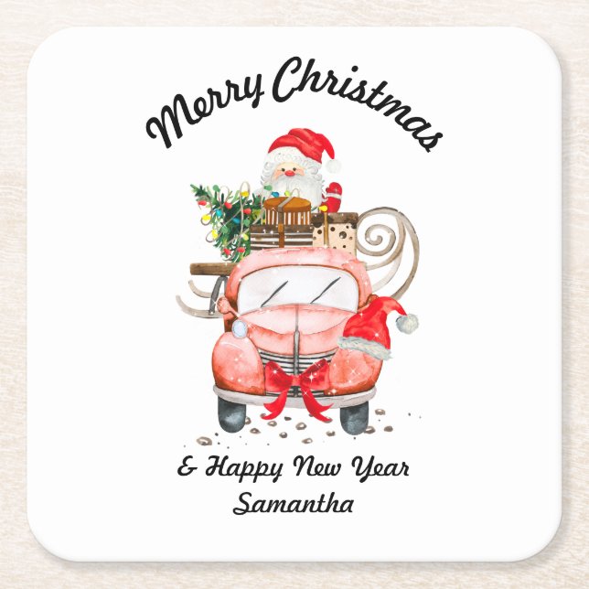 Happy new year Santa gift boxes Square Paper Coaster (Front)