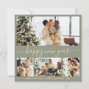 Happy New Year Script 4 Photo Collage Sage Green Holiday Card