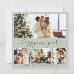 Happy New Year Script 4 Photo Collage Sage Green Holiday Card