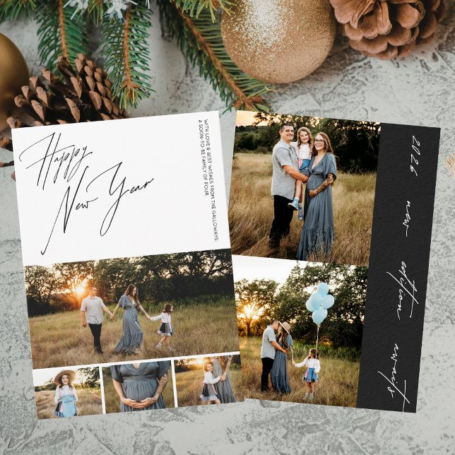 Happy New Year Script 6-Photo Collage Pregnancy Holiday Card (Creator Uploaded)
