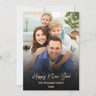 Happy New Year Script Black Collage Multi-Photo Holiday Card