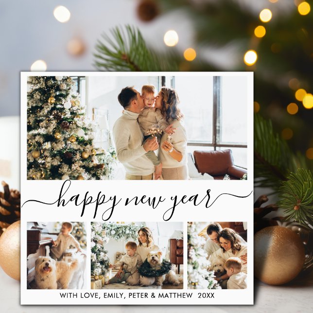 Happy New Year Script Black White 4 Photo Collage Holiday Card (Creator Uploaded)