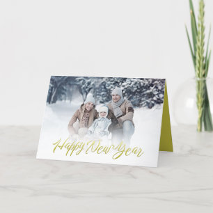 Happy New Year Script Calligraphy Gold 1 Photo Holiday Card