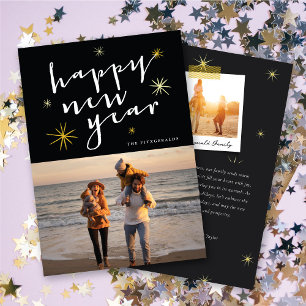Happy New Year Script Gold Starburst Photo Holiday Card