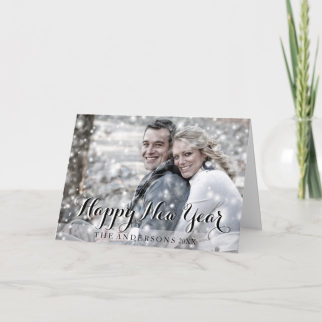 HAPPY NEW YEAR Script Modern Custom Photo Greeting Holiday Card (Front)