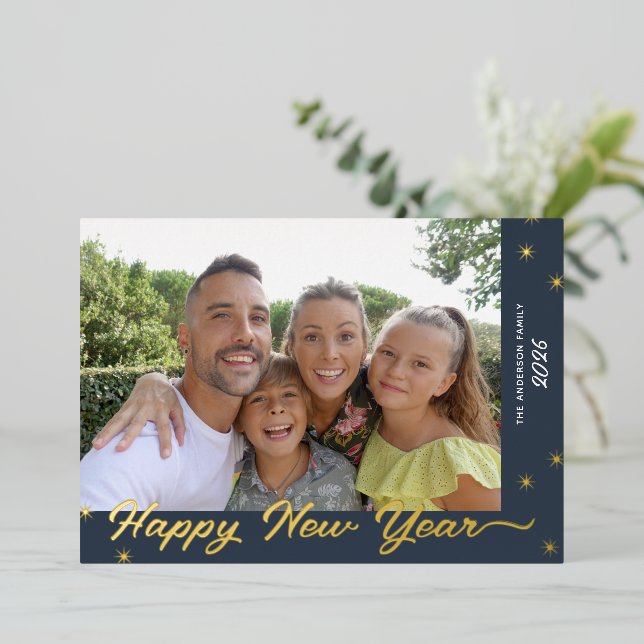 Happy New Year Script Photo Gold Foil Holiday Card (Standing Front)