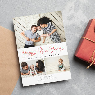 Happy New Year Script Red 3 Collage Multi-Photo Holiday Card