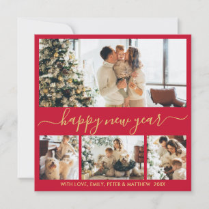 Happy New Year Script Red and Gold 4 Photo Collage Holiday Card
