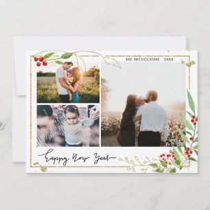 Happy New Year Script Red Berry Multi Photo Holiday Card