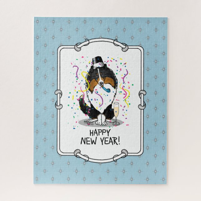 Happy New Year Shetland Sheepdog (tri colour) Cute Jigsaw Puzzle (Vertical)
