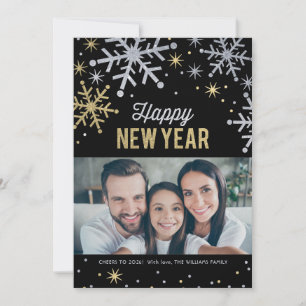 Happy New Year Silver and Gold Sparkle Photo Holiday Card