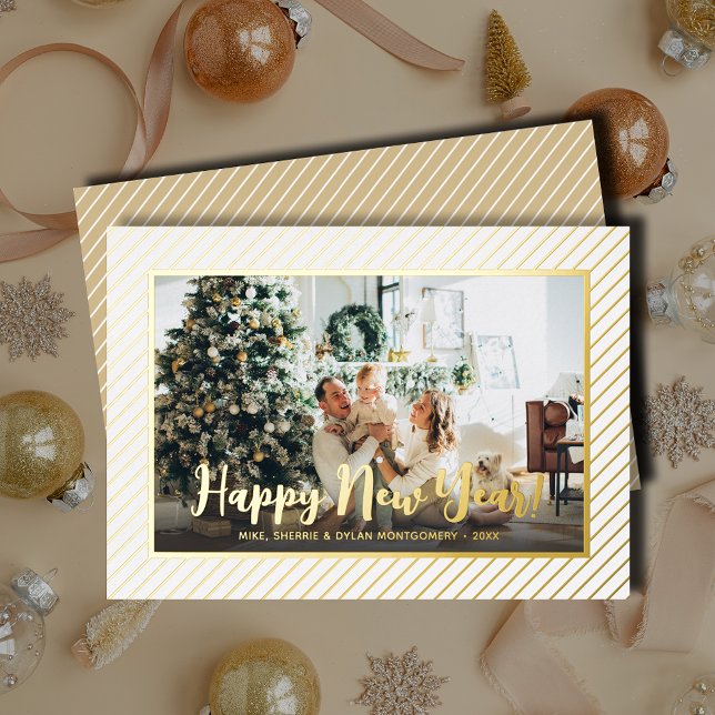  Happy New Year Silver Pinstripe (Happy New Year REAL gold foil diagonal pinstripes holiday greeting cards)